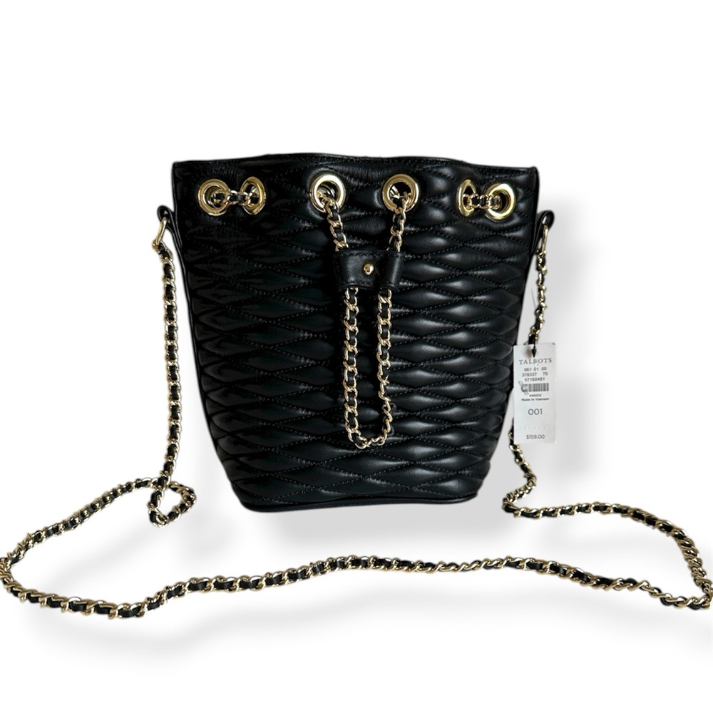 Talbots Bucket Bag Black Quilted Leather Gold Chain Strap NWT
